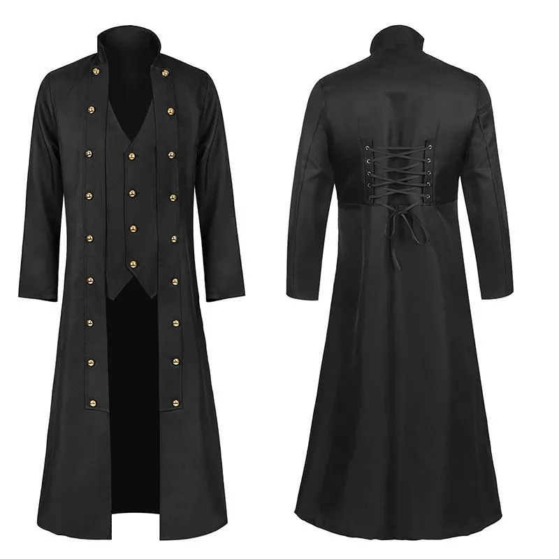 Mens Retro Medieval Solid Color Long Sleeve Stand Collar Three Breasted Mens Coat Strap Waist Length Stockade Jacket