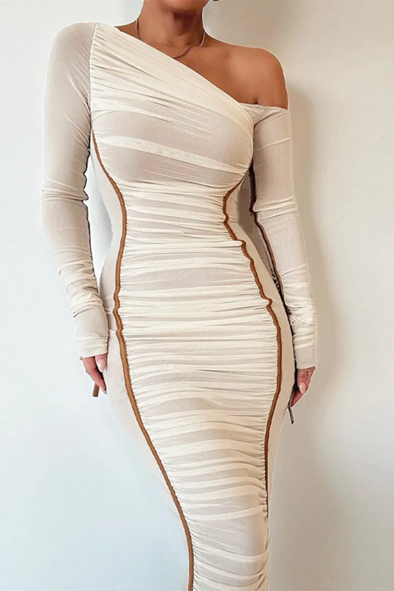 Mesh Ruched Maxi Bodycon Dress Long Sleeve