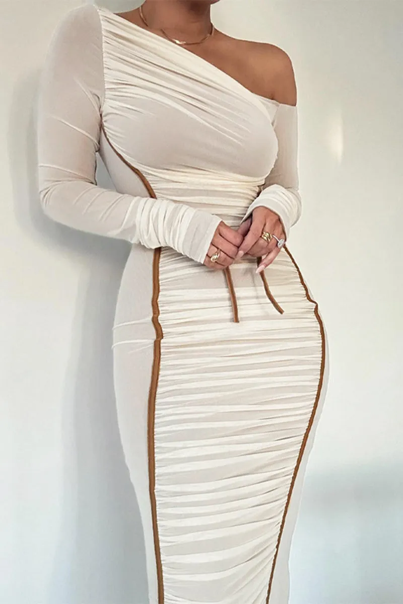 Mesh Ruched Maxi Bodycon Dress Long Sleeve