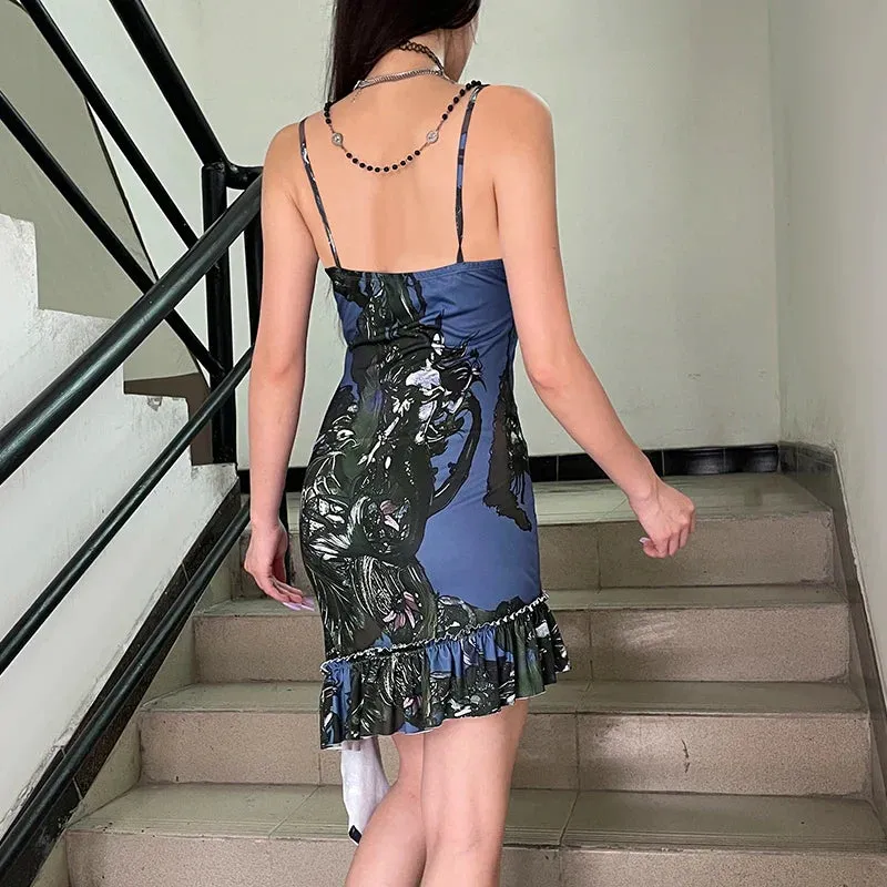 Metaversmall Asymmetrical Y2K Strap Bodycon Sexy Mini Dress Women Graphic Printing Ruched Ruffles Party Grunge Fairycore Sundress