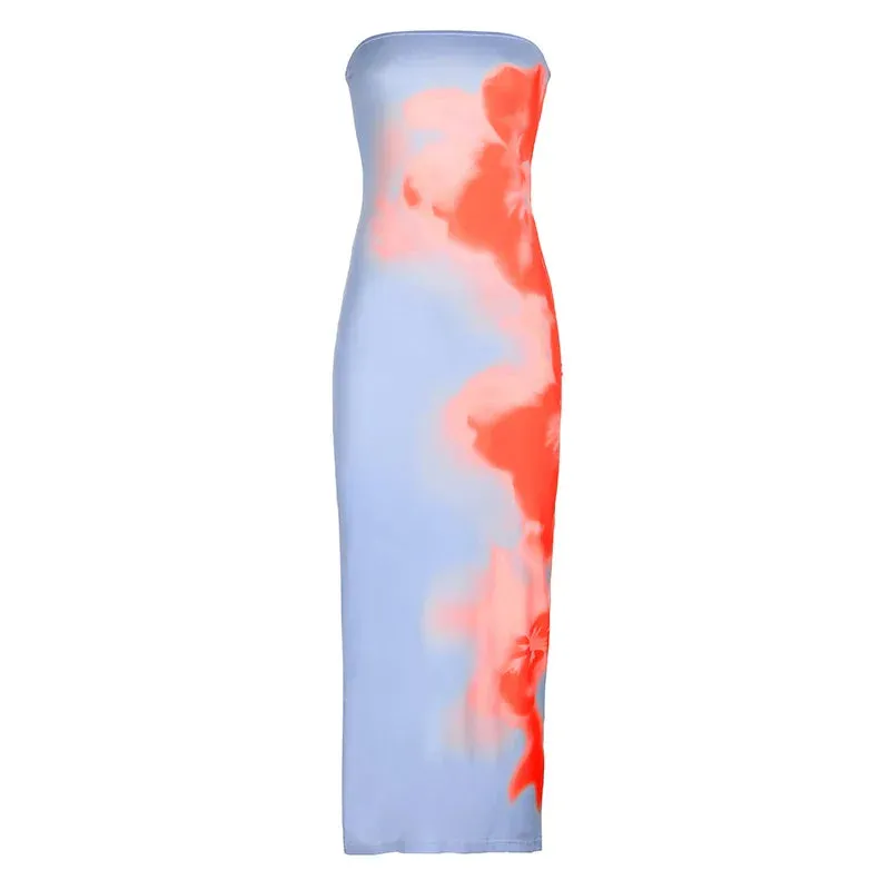 Metaversmall Fashion Elegant Tie Dye Holidays Long Dress Strapless Split Bodycon Club Party Sexy Summer Dresses Women Beach Print