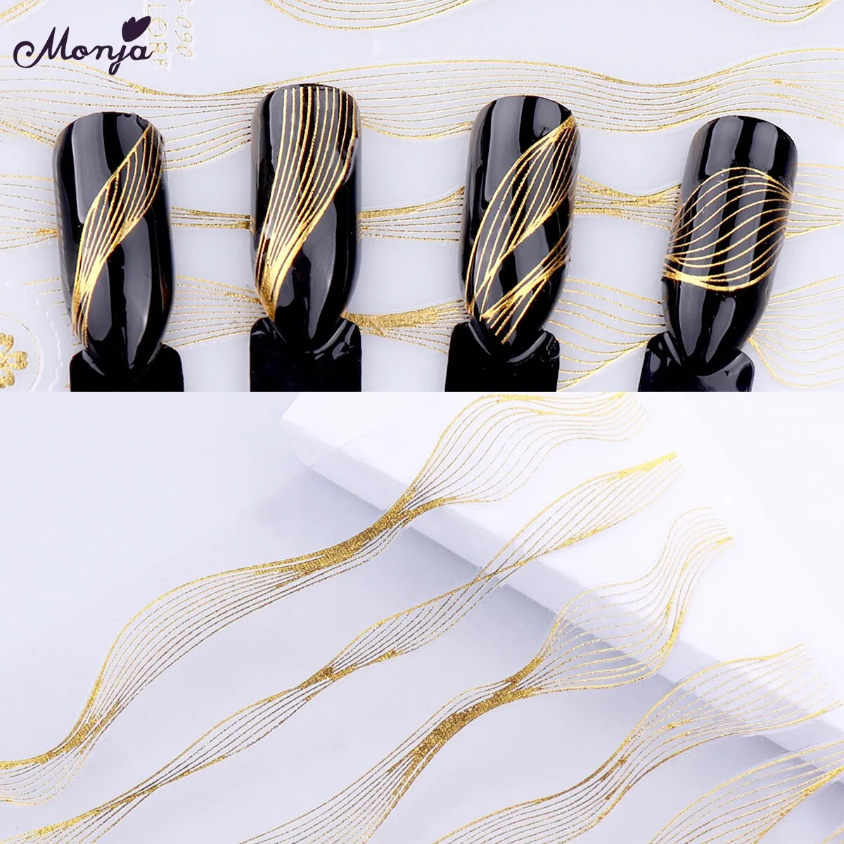 Monja Nail Art Sticker Laser Gold Metal Stripe Wave Line Tape Self-Adhesive Transfer Foils 3D DIY Decal Manicure Tips Decoration