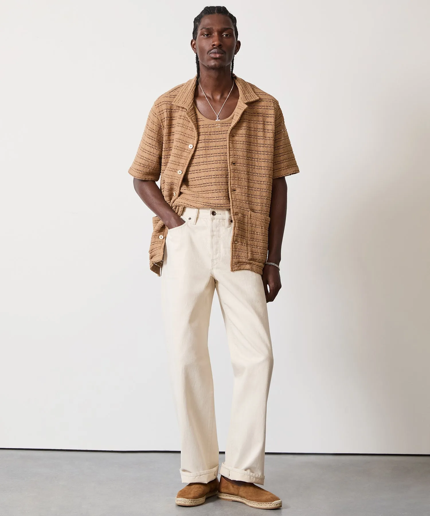 Open-Knit Guayabera Polo Shirt in Desert Beige