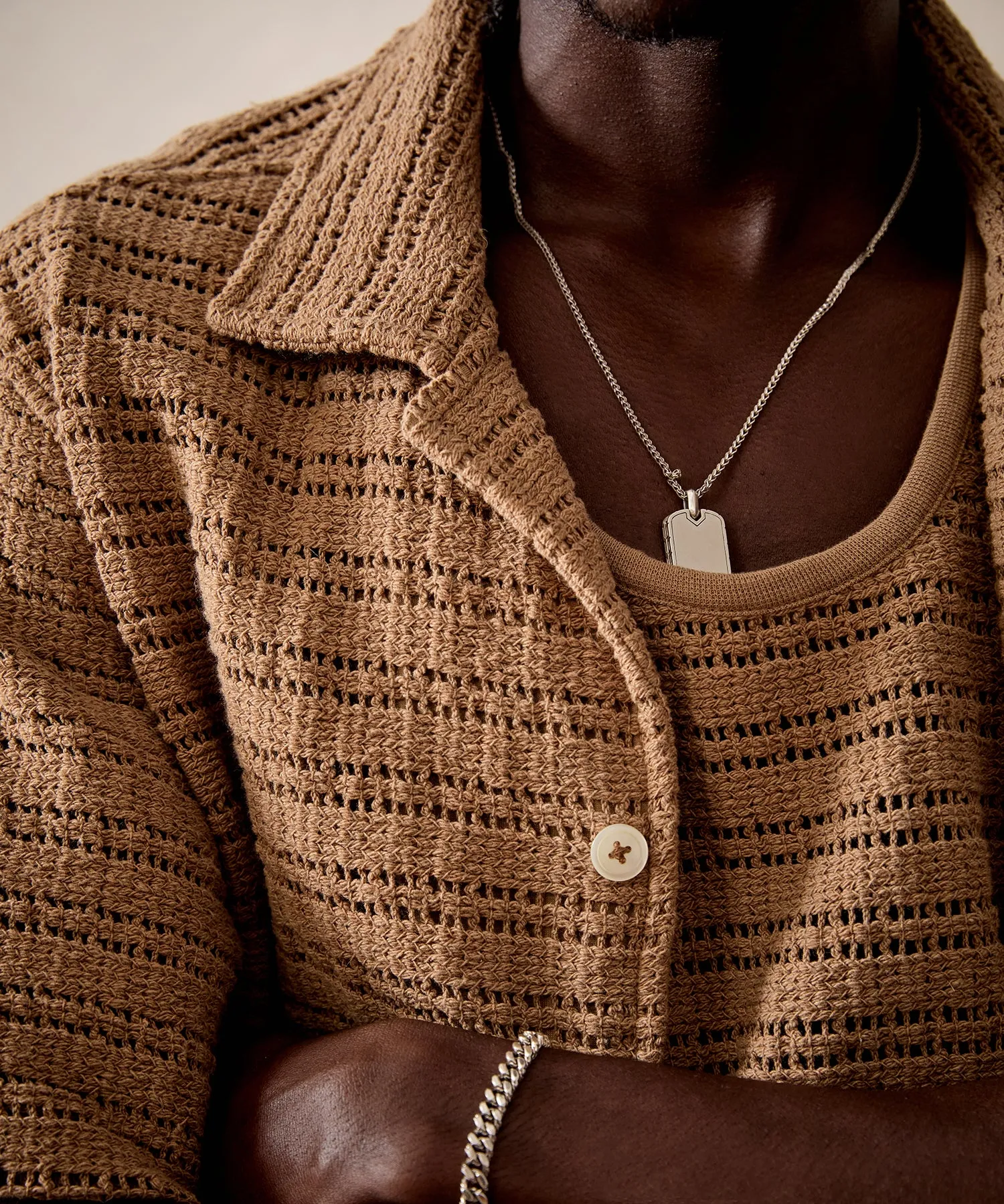 Open-Knit Guayabera Polo Shirt in Desert Beige