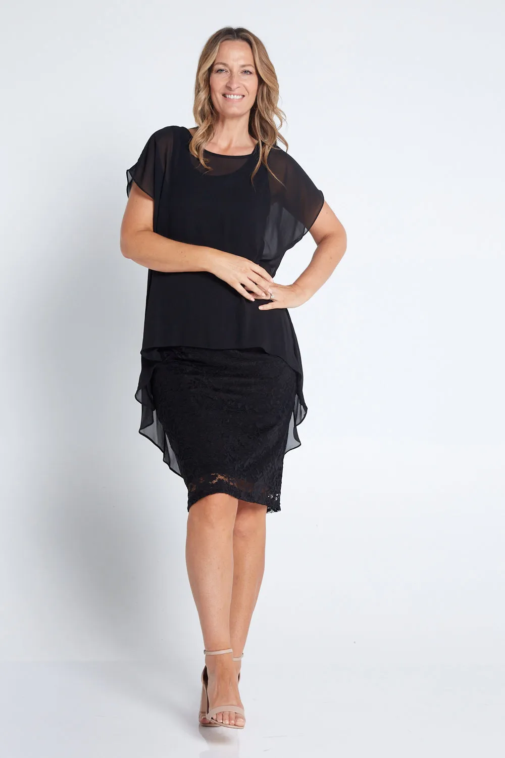 Ophelia Lace & Chiffon Dress - Black