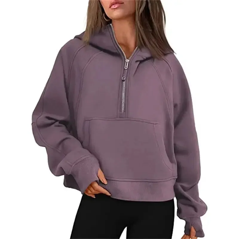 Oversized Scuba Half-Zip Hoodie Waist Length Jackets Sweatshirts Soft Thumbholes Leisure Yoga Coat for Winter