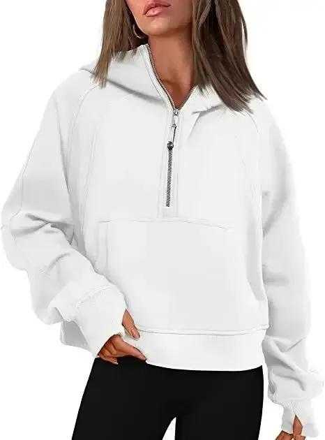 Oversized Scuba Half-Zip Hoodie Waist Length Jackets Sweatshirts Soft Thumbholes Leisure Yoga Coat for Winter