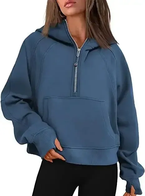 Oversized Scuba Half-Zip Hoodie Waist Length Jackets Sweatshirts Soft Thumbholes Leisure Yoga Coat for Winter