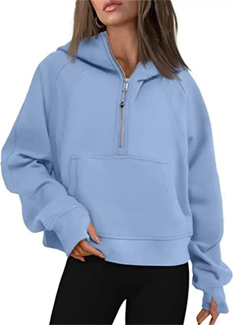 Oversized Scuba Half-Zip Hoodie Waist Length Jackets Sweatshirts Soft Thumbholes Leisure Yoga Coat for Winter