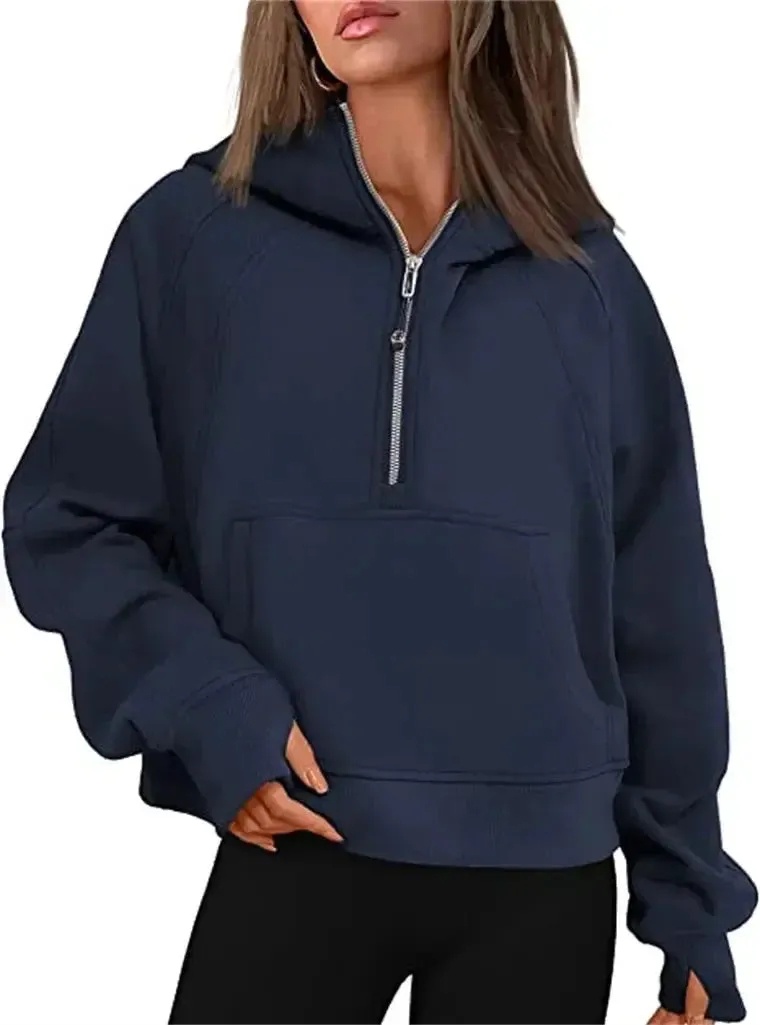 Oversized Scuba Half-Zip Hoodie Waist Length Jackets Sweatshirts Soft Thumbholes Leisure Yoga Coat for Winter