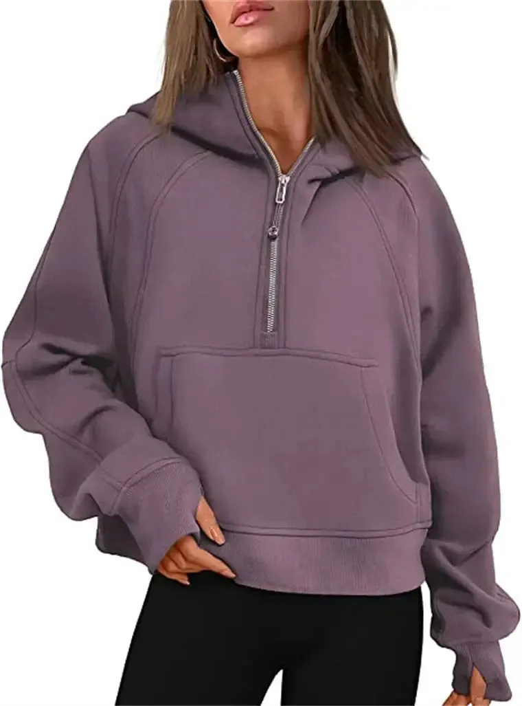 Oversized Scuba Half-Zip Hoodie Waist Length Jackets Sweatshirts Soft Thumbholes Leisure Yoga Coat for Winter