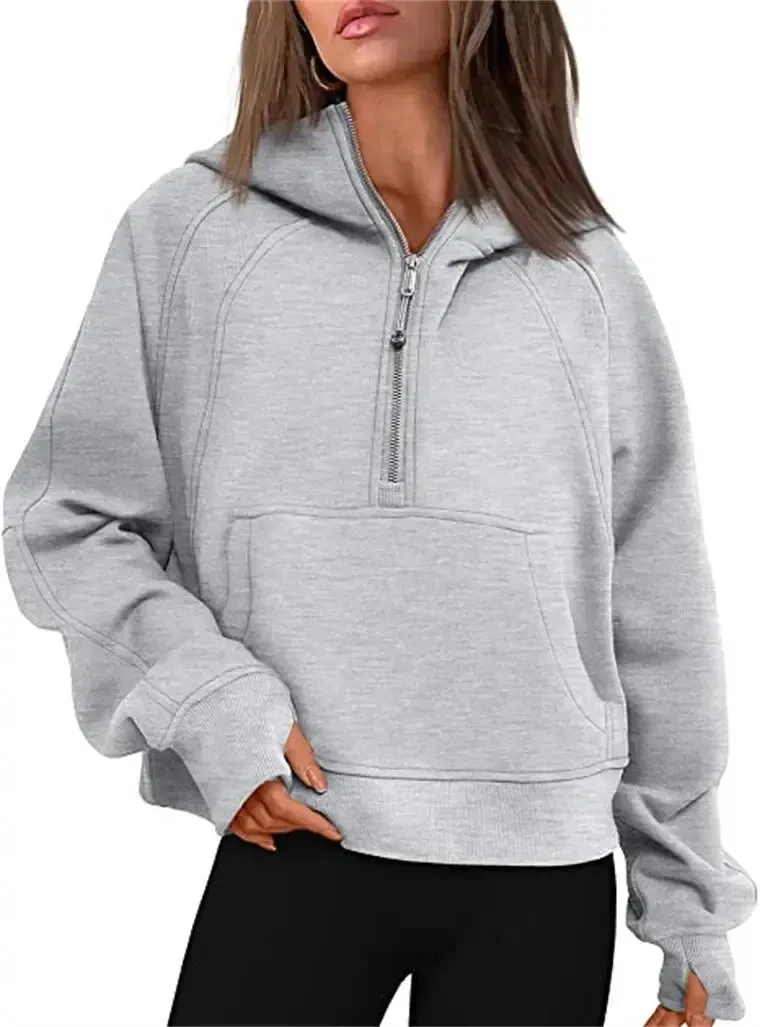 Oversized Scuba Half-Zip Hoodie Waist Length Jackets Sweatshirts Soft Thumbholes Leisure Yoga Coat for Winter