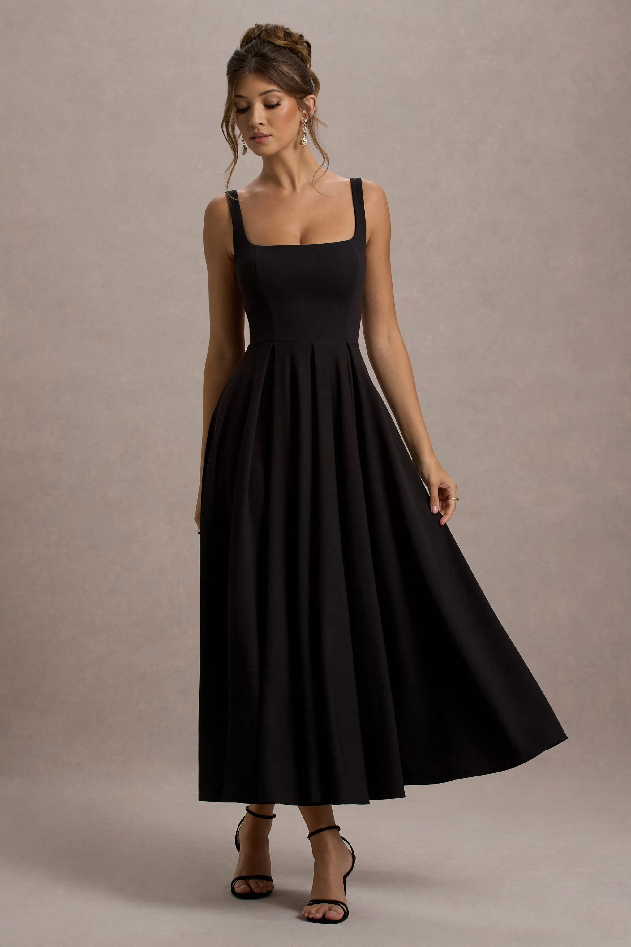 Parina | Black Strappy Volume-Hem Maxi Dress