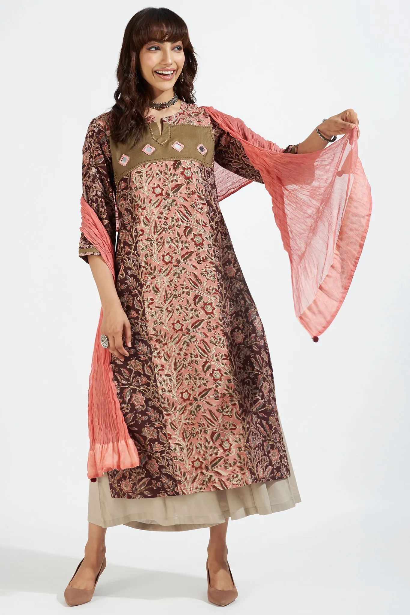 patchwork long kurta with slit - harmonious peach & earth florals