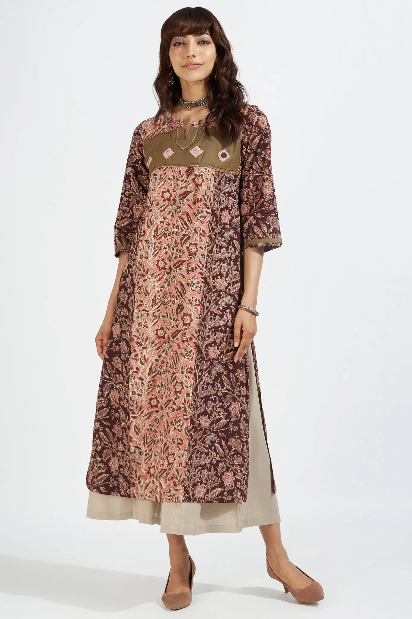 patchwork long kurta with slit - harmonious peach & earth florals