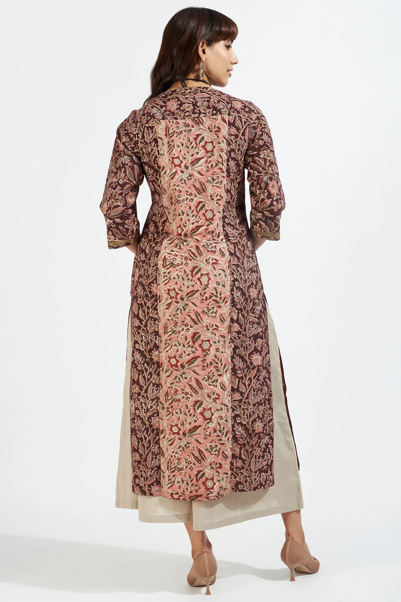 patchwork long kurta with slit - harmonious peach & earth florals