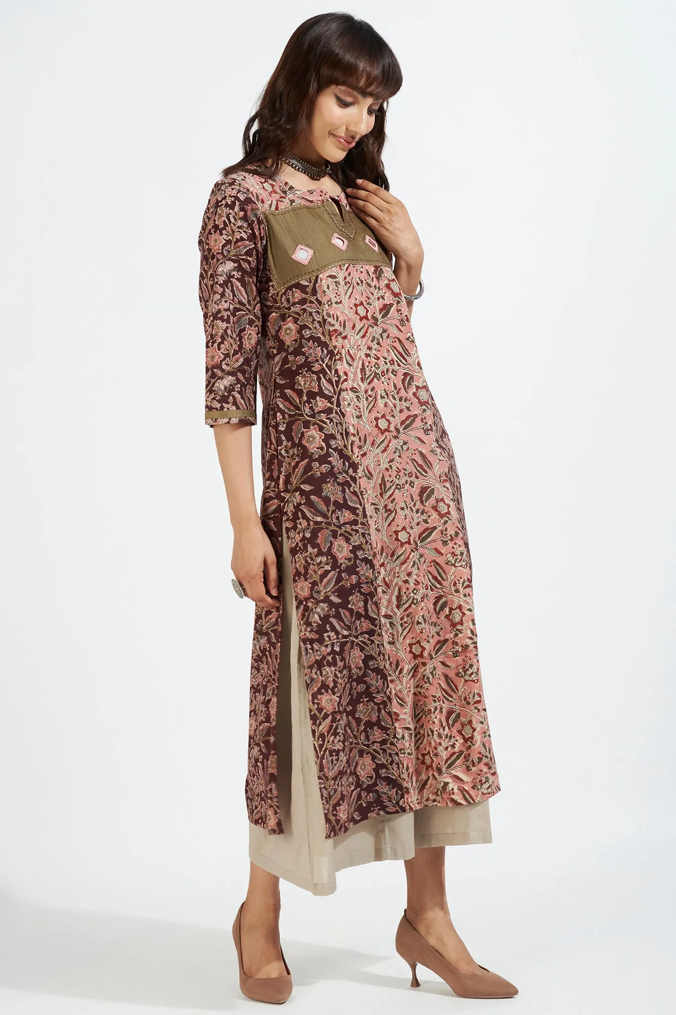 patchwork long kurta with slit - harmonious peach & earth florals