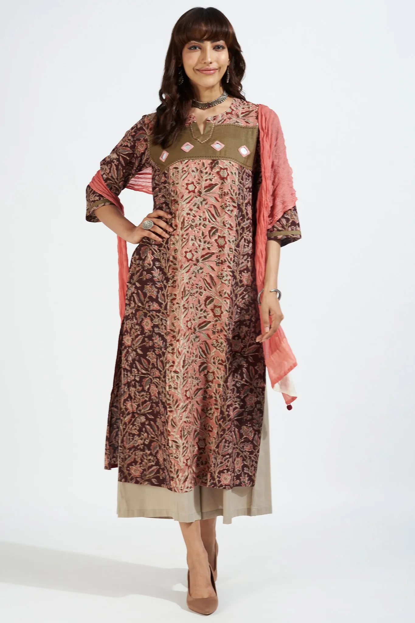 patchwork long kurta with slit - harmonious peach & earth florals