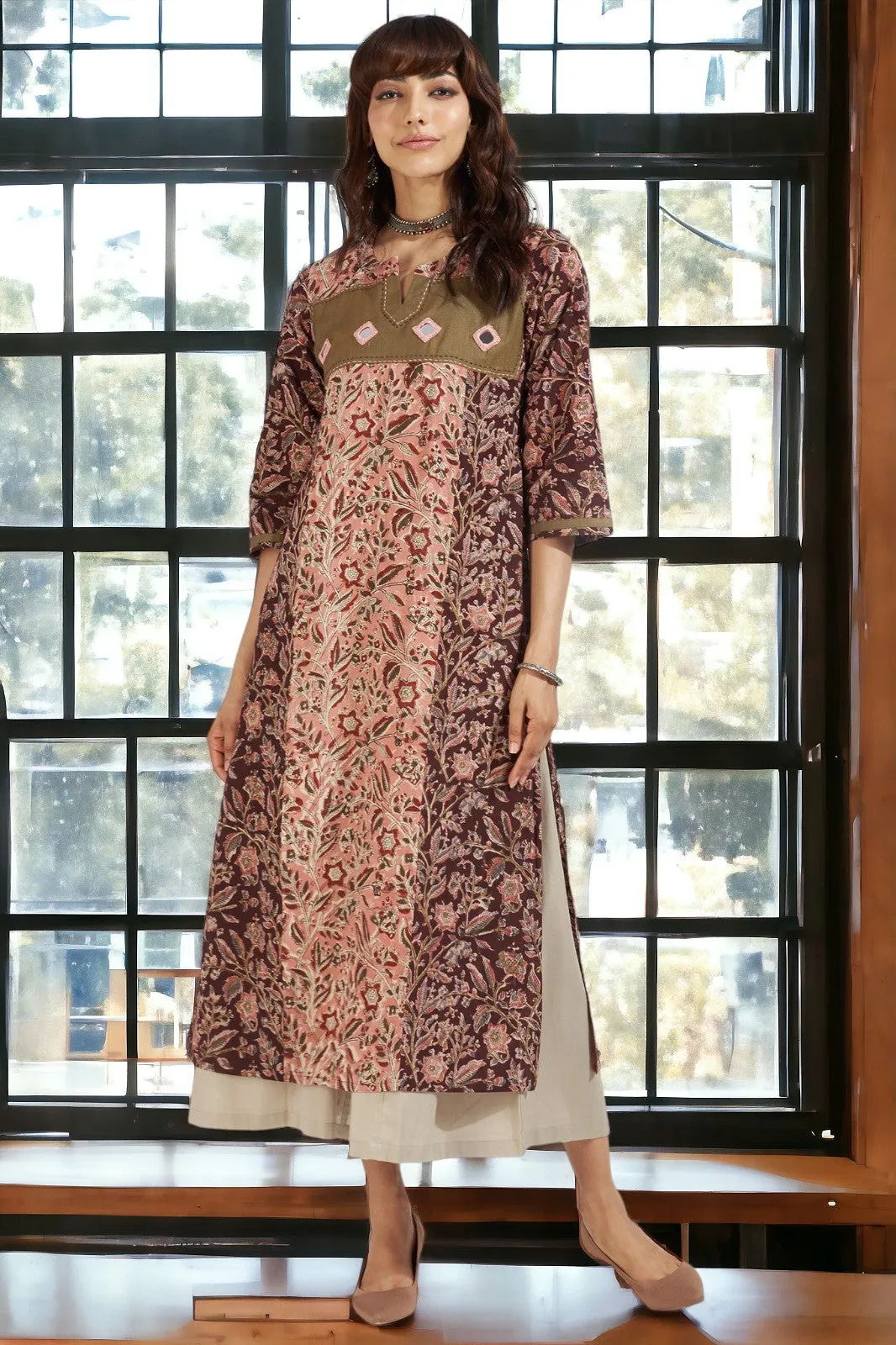 patchwork long kurta with slit - harmonious peach & earth florals