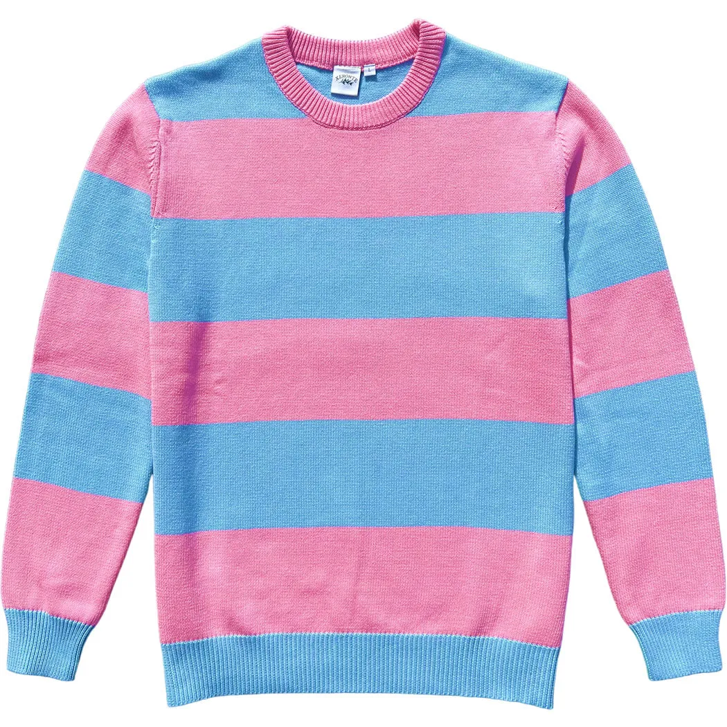 Pink And Blue Rugby Stripe Mens Cotton Crewneck Sweater