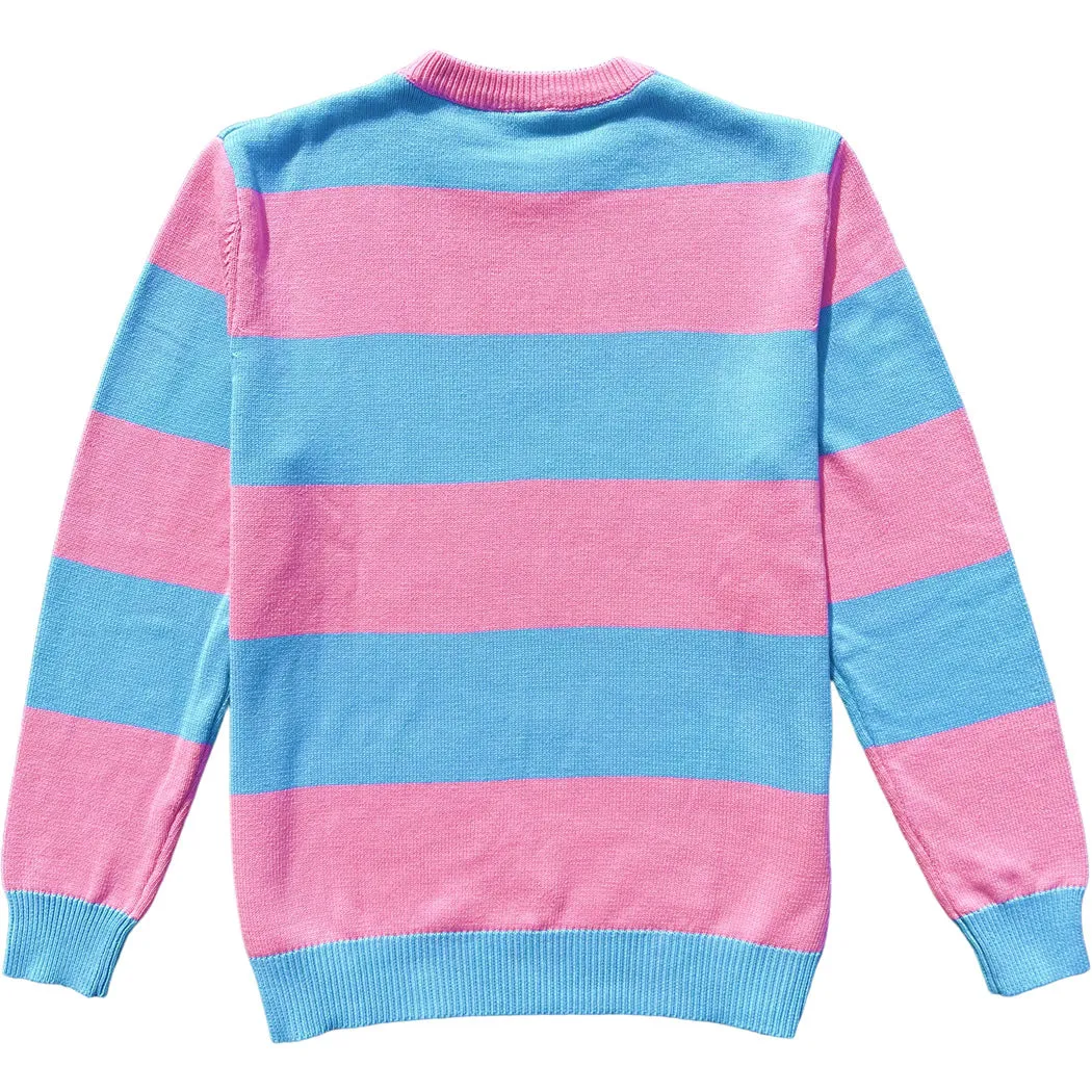 Pink And Blue Rugby Stripe Mens Cotton Crewneck Sweater