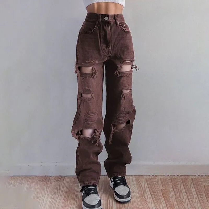 "Stylish Vintage Distressed Jeans - Trendy Ripped High Waist Denim for Fashionable Ladies"