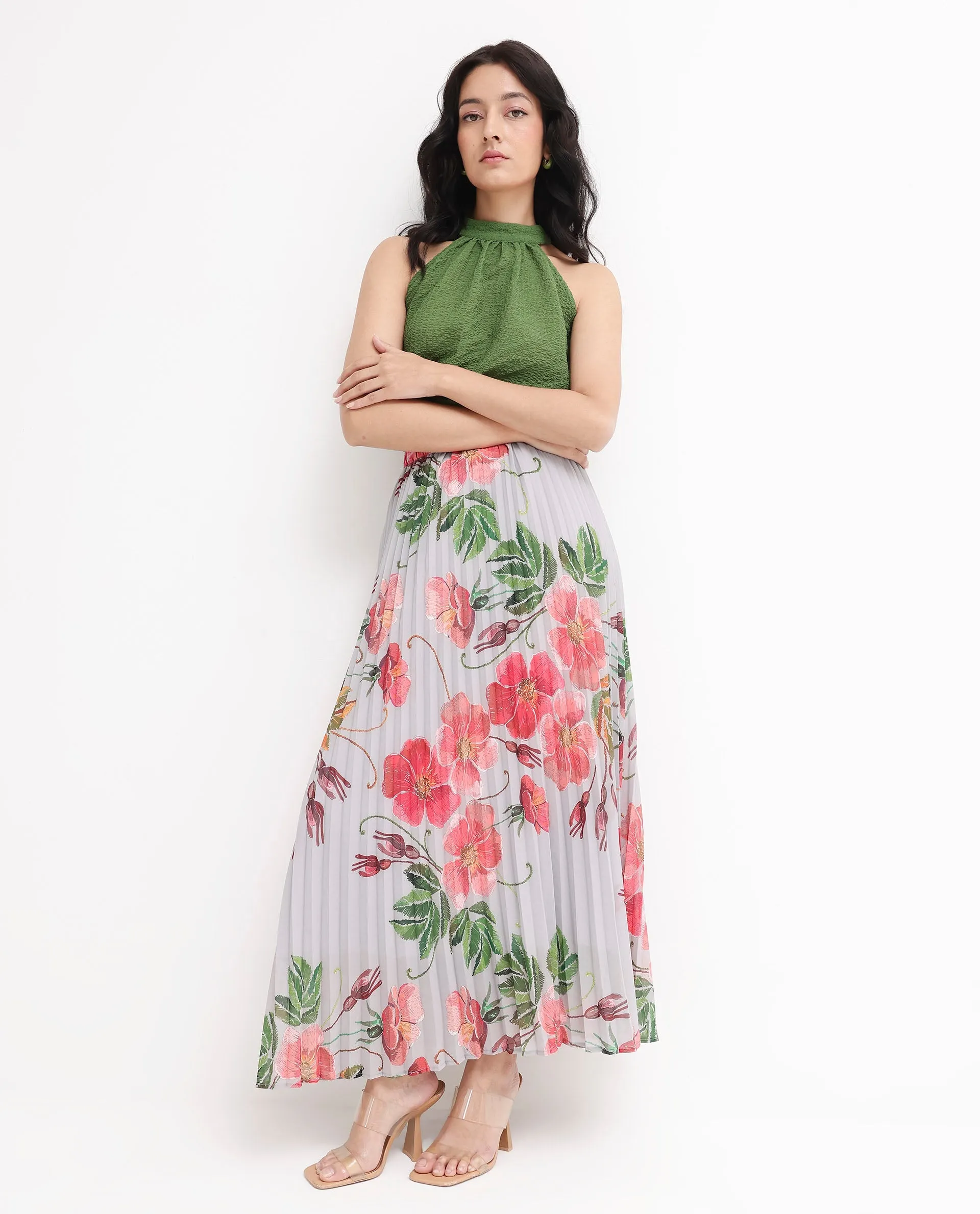 Rareism Women Rango Multi Flared Floral Print Maxi pleated Skirt