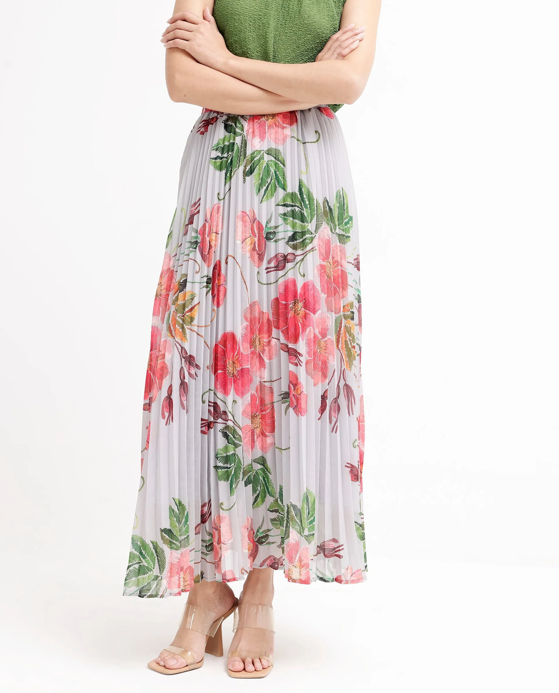 Rareism Women Rango Multi Flared Floral Print Maxi pleated Skirt