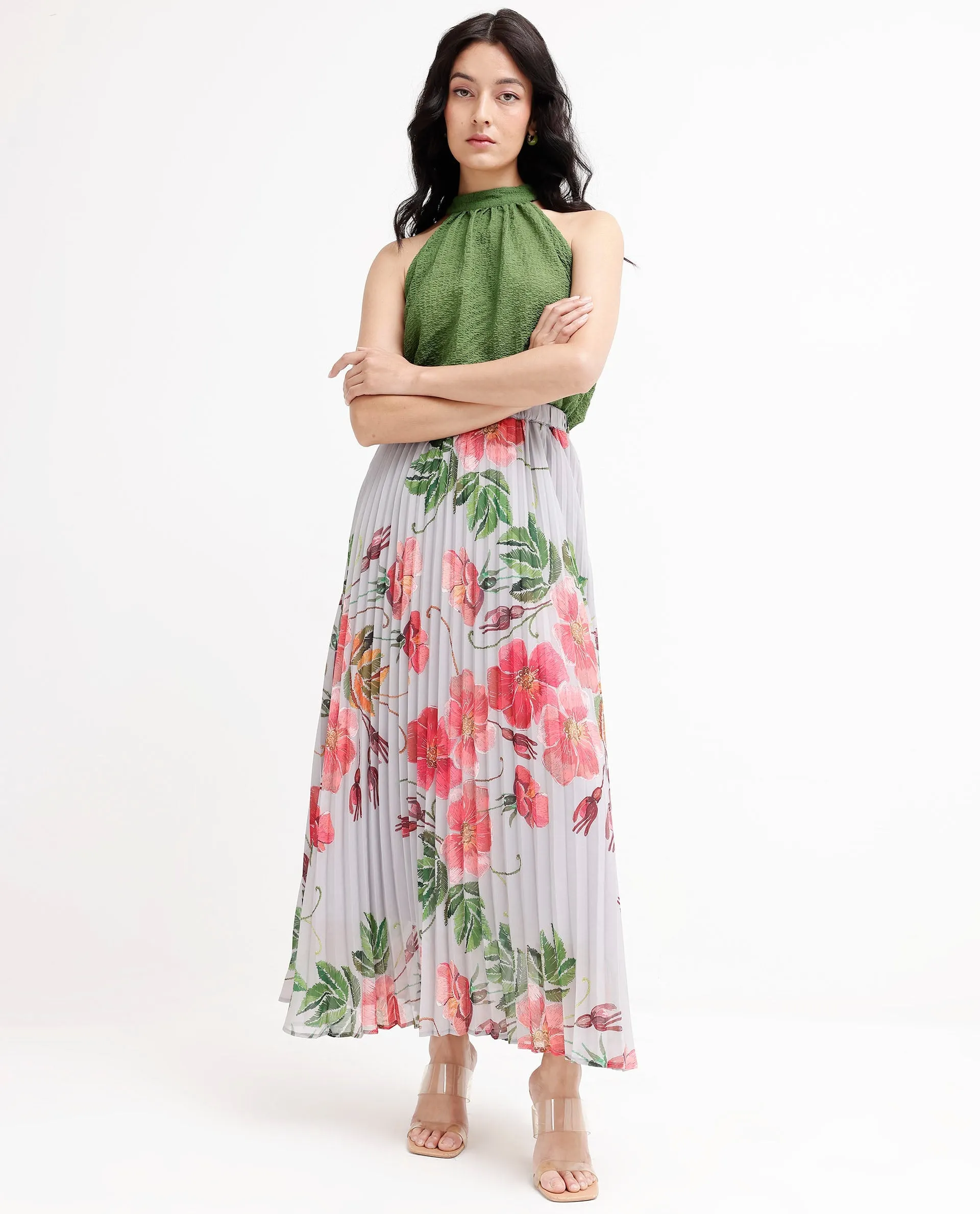 Rareism Women Rango Multi Flared Floral Print Maxi pleated Skirt