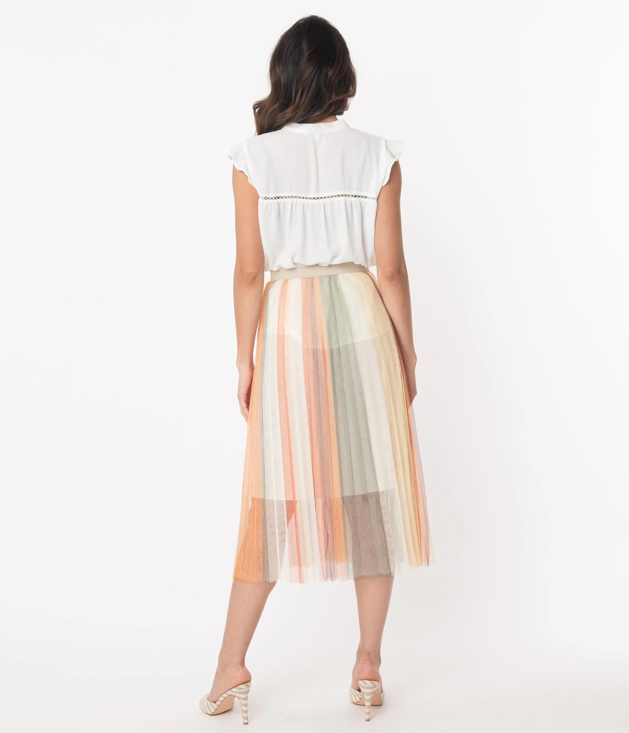 Retro Style Multicolor Stripe Pleated Tulle Skirt