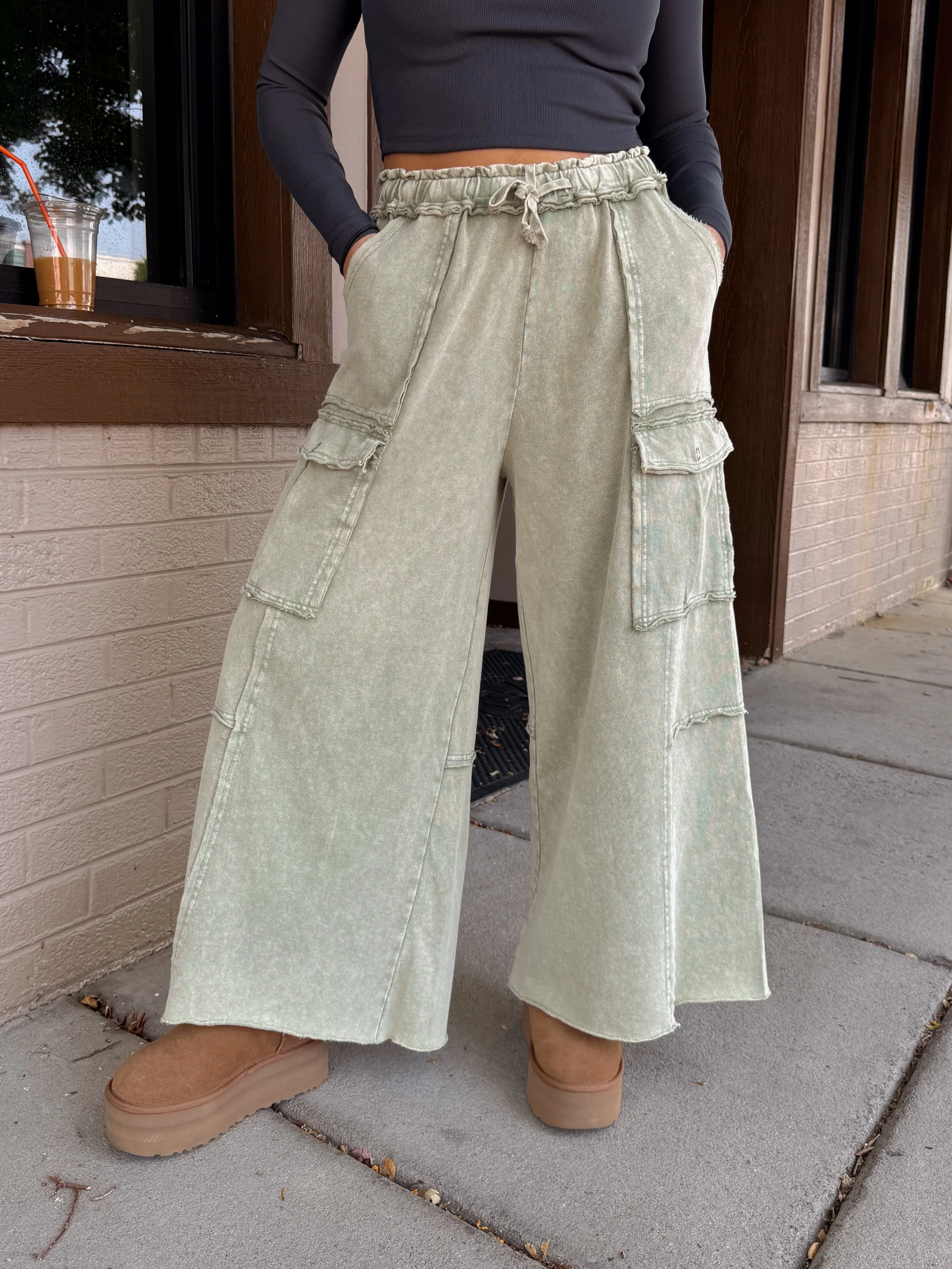 Sage Cargo Flowy Cropped Pants