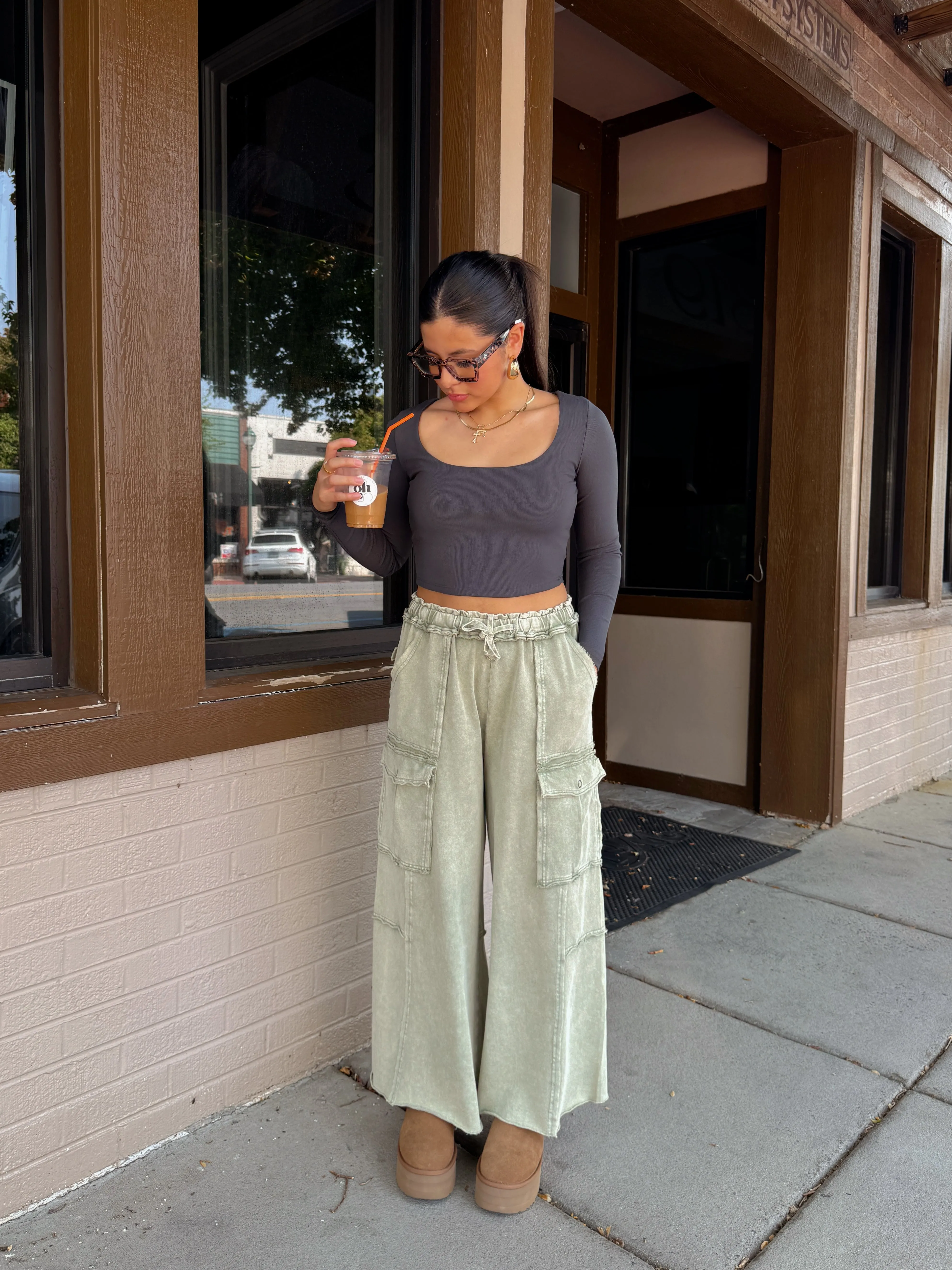 Sage Cargo Flowy Cropped Pants