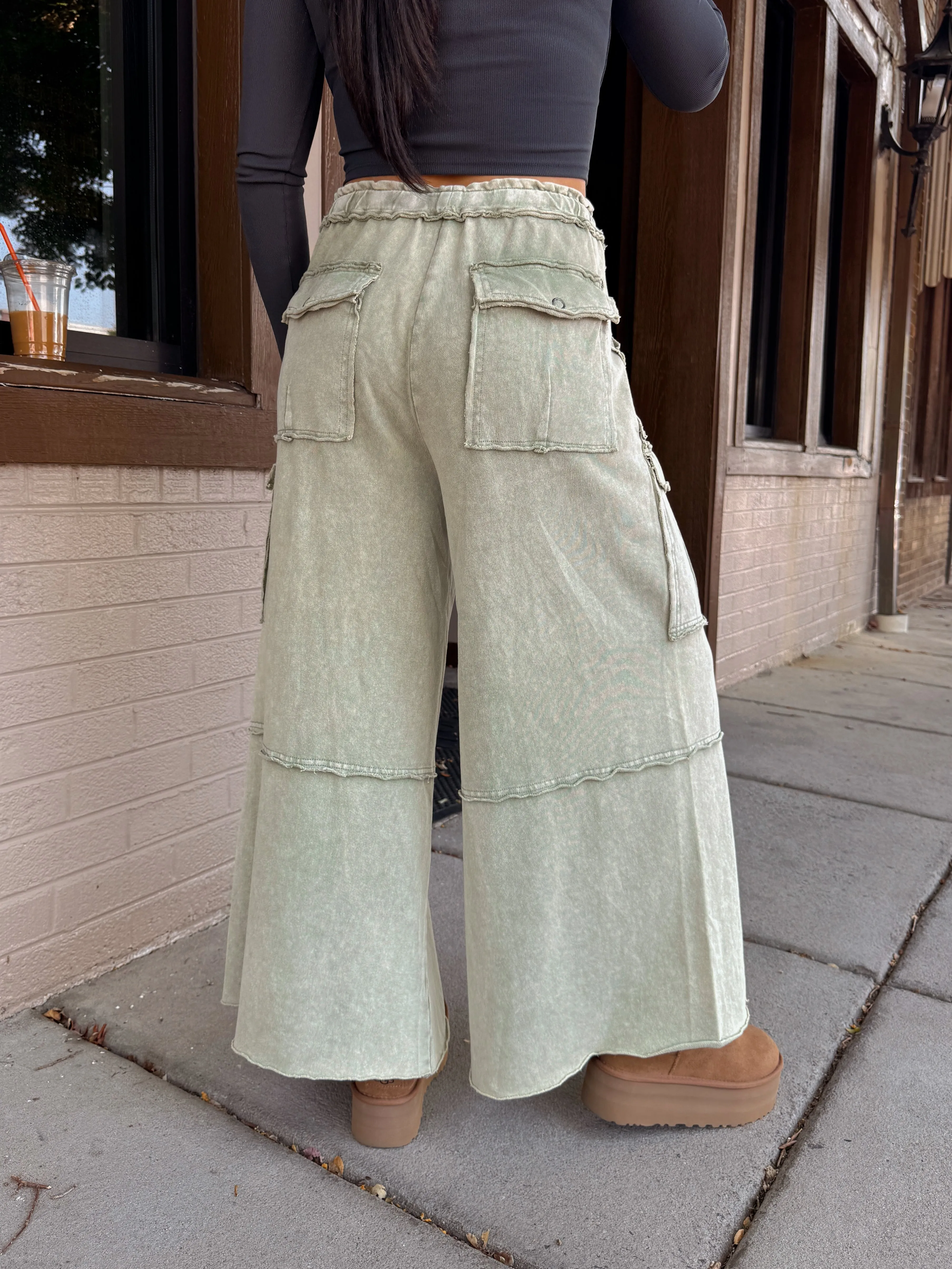 Sage Cargo Flowy Cropped Pants