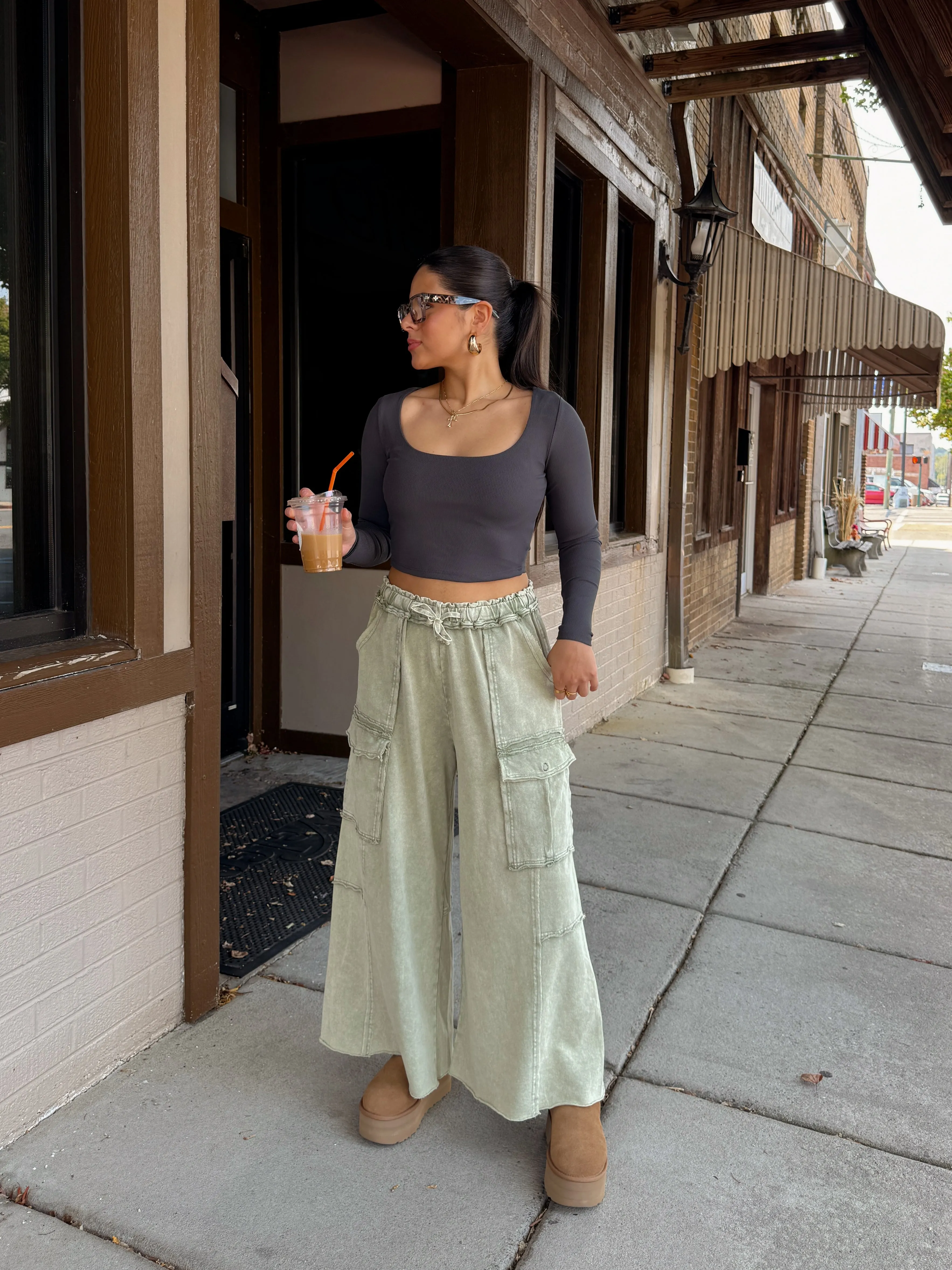 Sage Cargo Flowy Cropped Pants