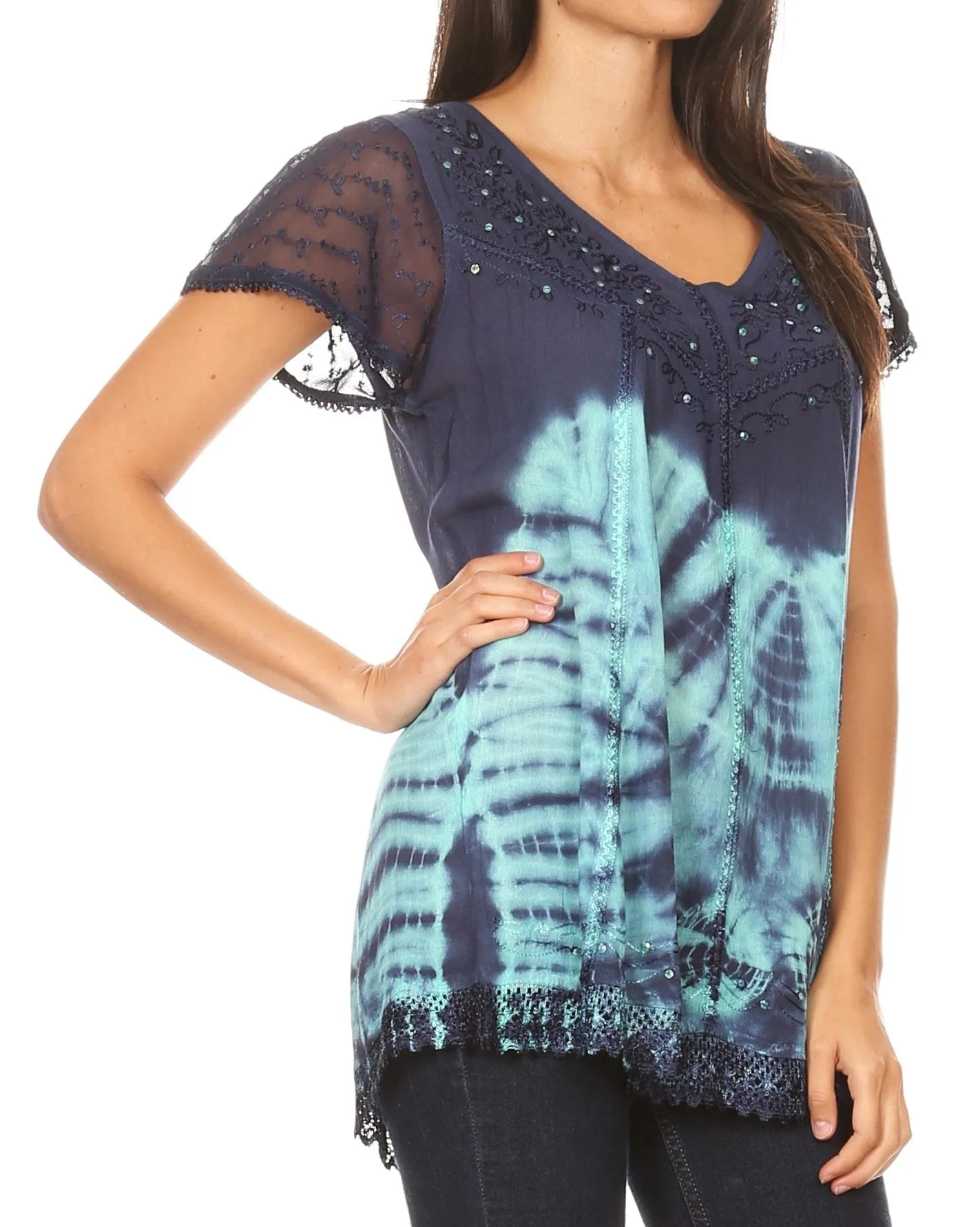 Sakkas Josea Relaxed Fit Tie Dye Embroidered Crepe Cap Sleeve Blouse | Cover Up