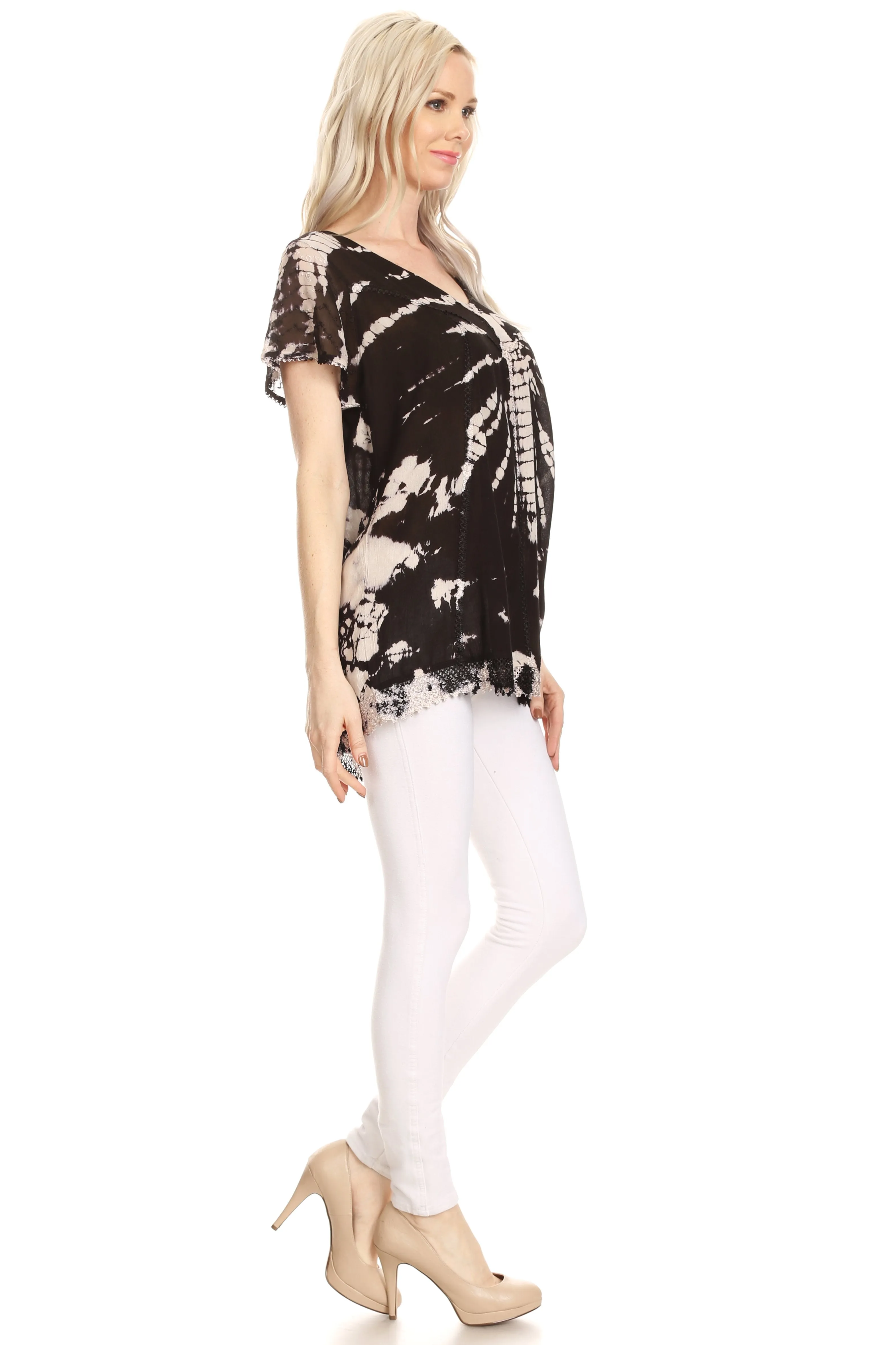 Sakkas Josea Relaxed Fit Tie Dye Embroidered Crepe Cap Sleeve Blouse | Cover Up