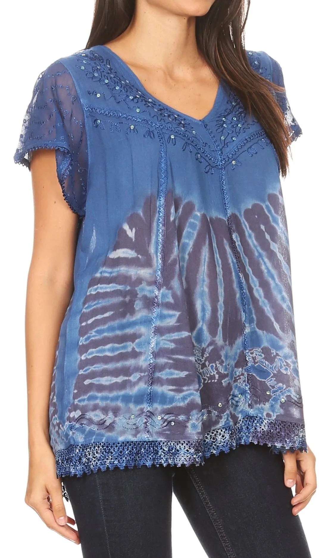 Sakkas Josea Relaxed Fit Tie Dye Embroidered Crepe Cap Sleeve Blouse | Cover Up