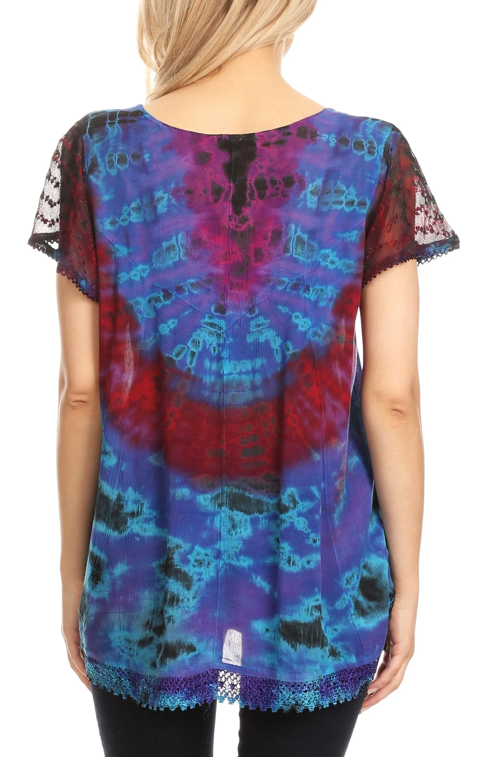 Sakkas Josea Relaxed Fit Tie Dye Embroidered Crepe Cap Sleeve Blouse | Cover Up