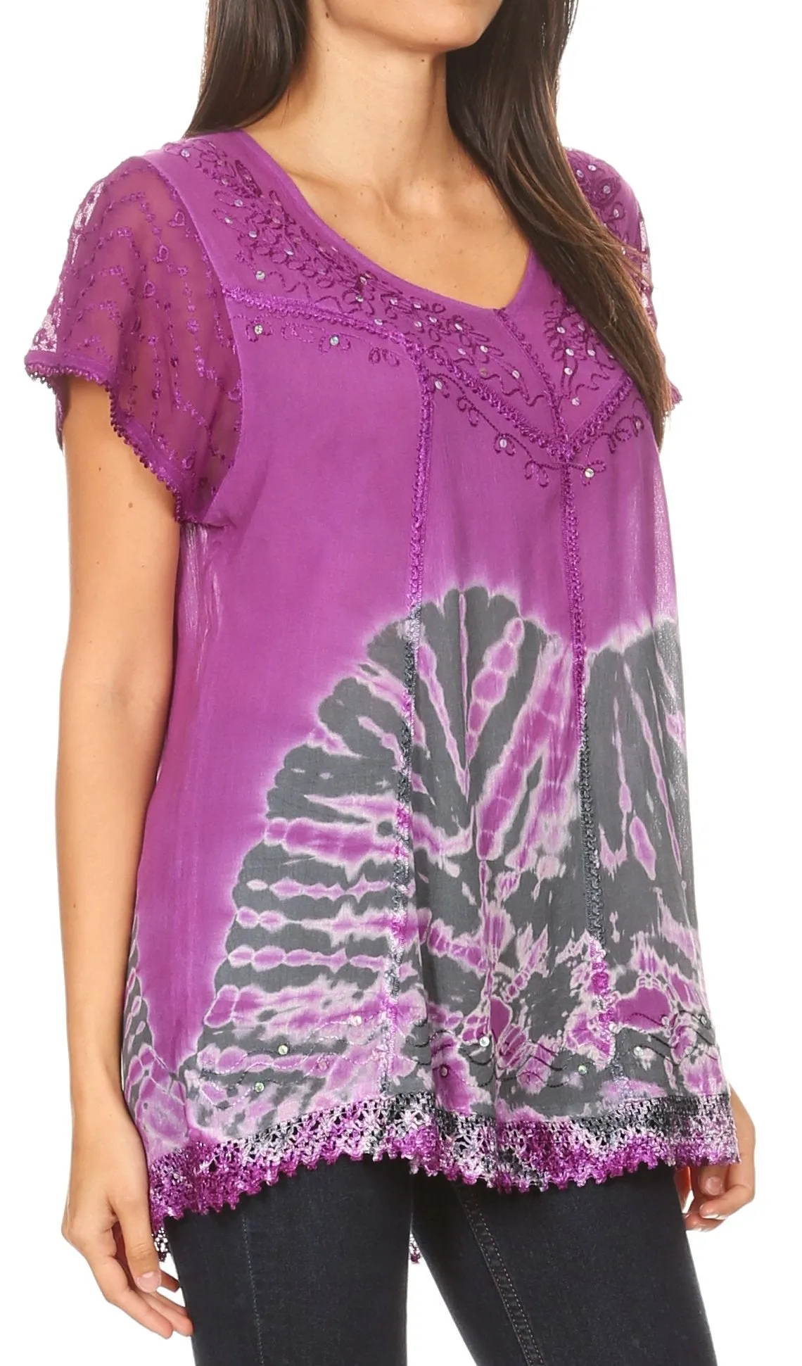 Sakkas Josea Relaxed Fit Tie Dye Embroidered Crepe Cap Sleeve Blouse | Cover Up