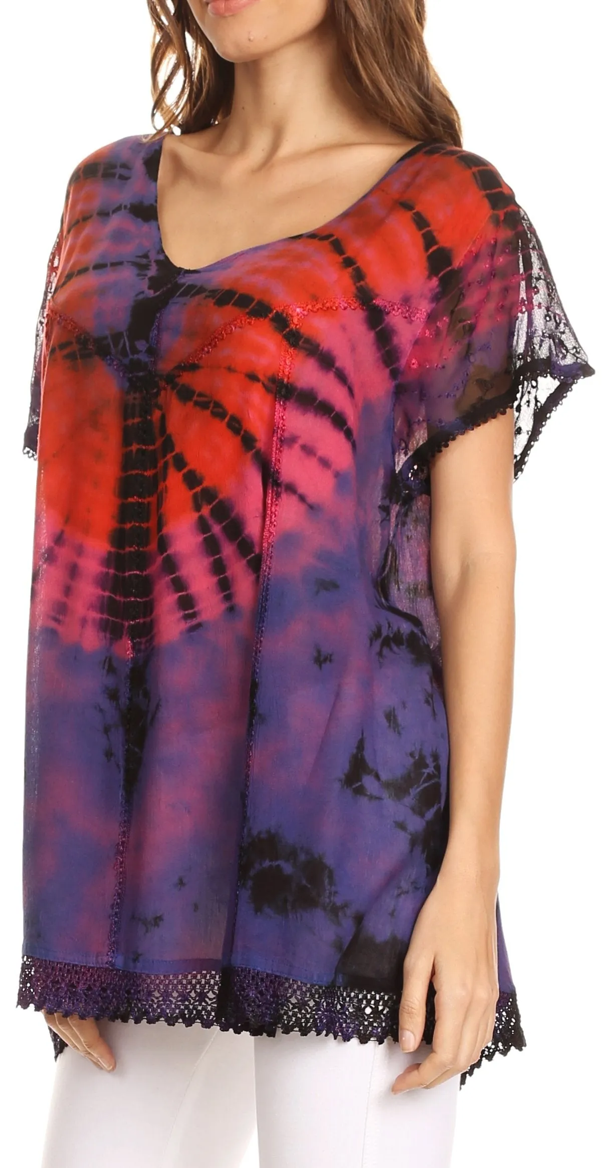 Sakkas Josea Relaxed Fit Tie Dye Embroidered Crepe Cap Sleeve Blouse | Cover Up