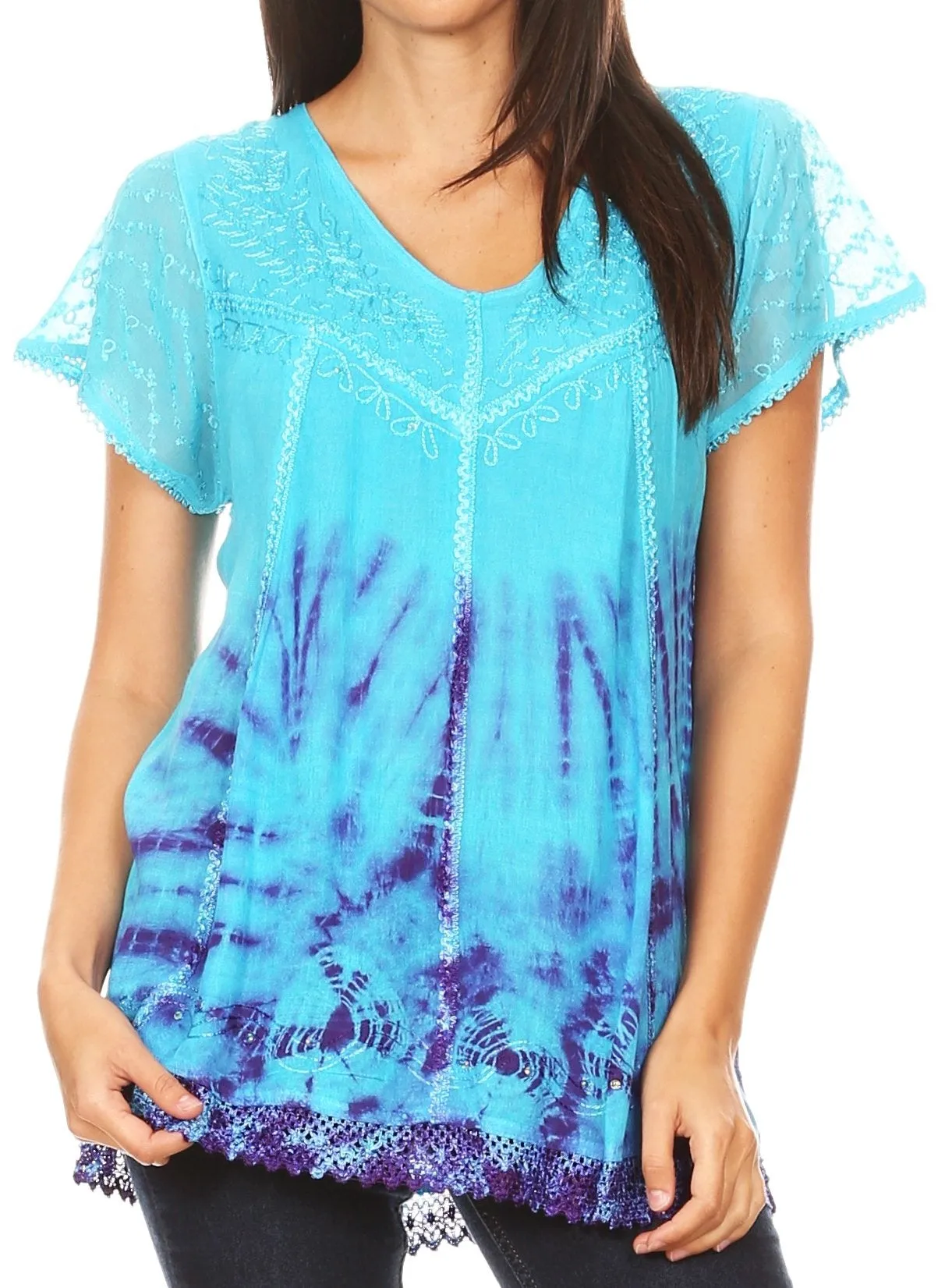 Sakkas Josea Relaxed Fit Tie Dye Embroidered Crepe Cap Sleeve Blouse | Cover Up