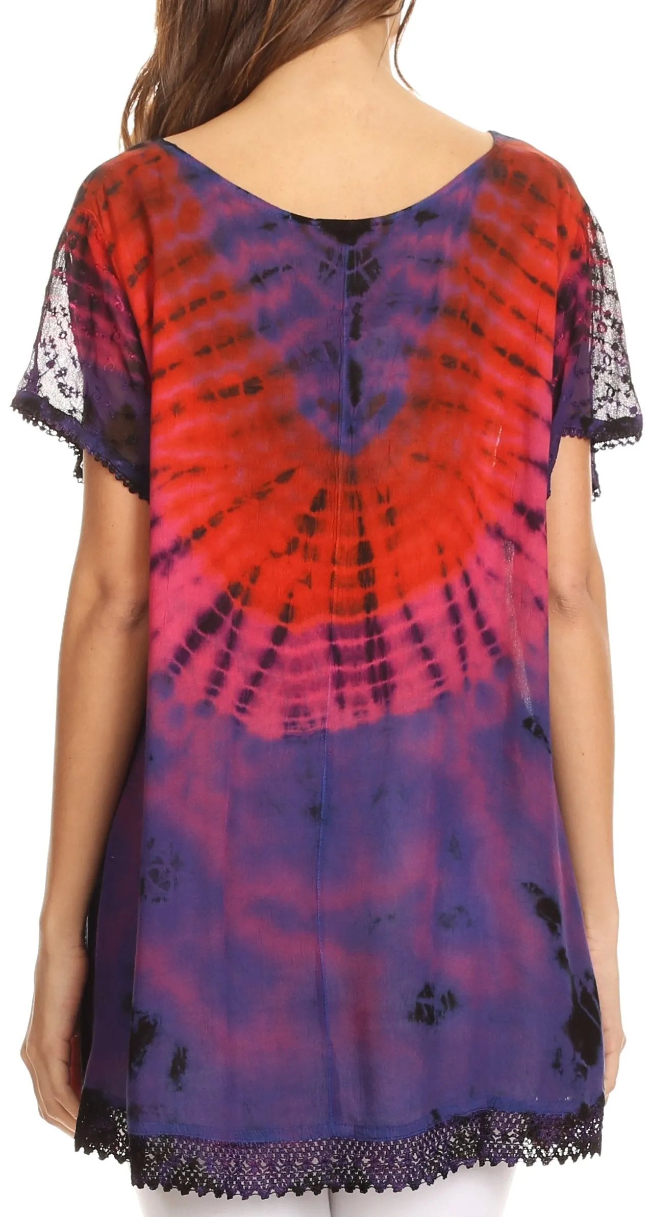 Sakkas Josea Relaxed Fit Tie Dye Embroidered Crepe Cap Sleeve Blouse | Cover Up