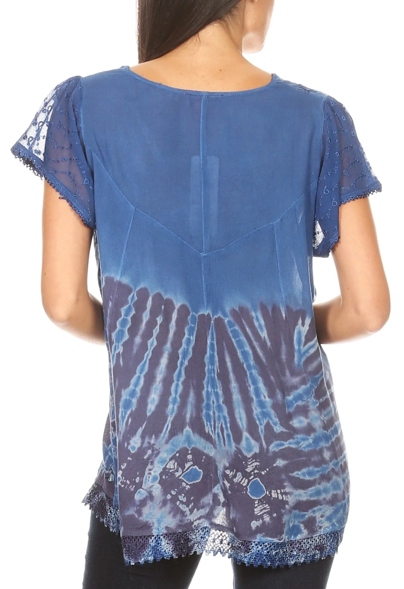 Sakkas Josea Relaxed Fit Tie Dye Embroidered Crepe Cap Sleeve Blouse | Cover Up