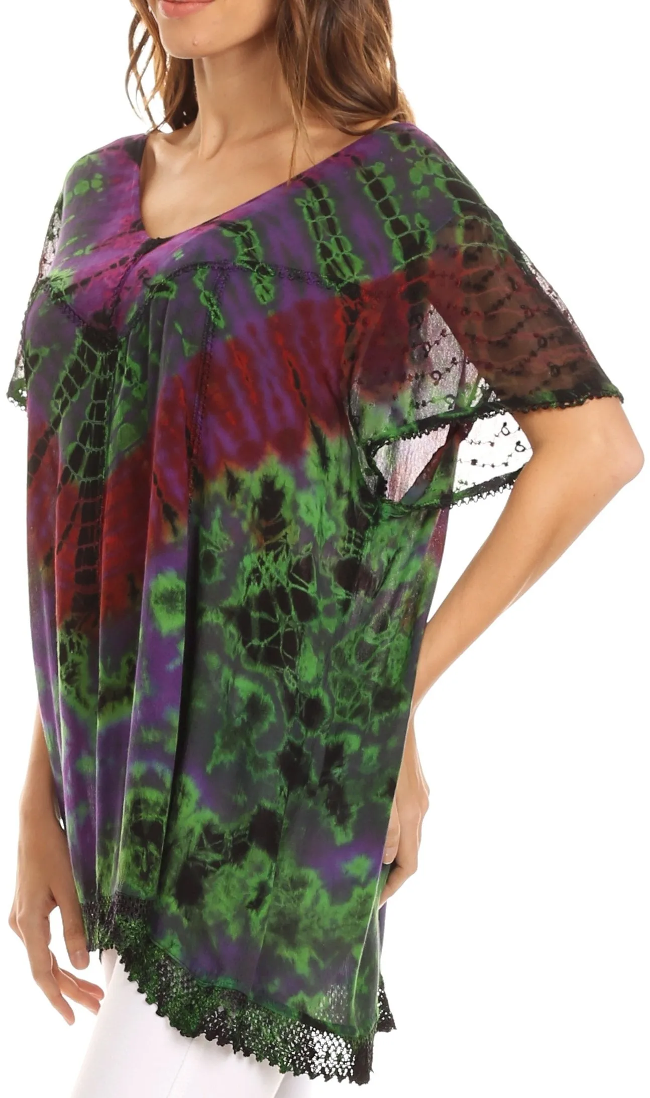 Sakkas Josea Relaxed Fit Tie Dye Embroidered Crepe Cap Sleeve Blouse | Cover Up