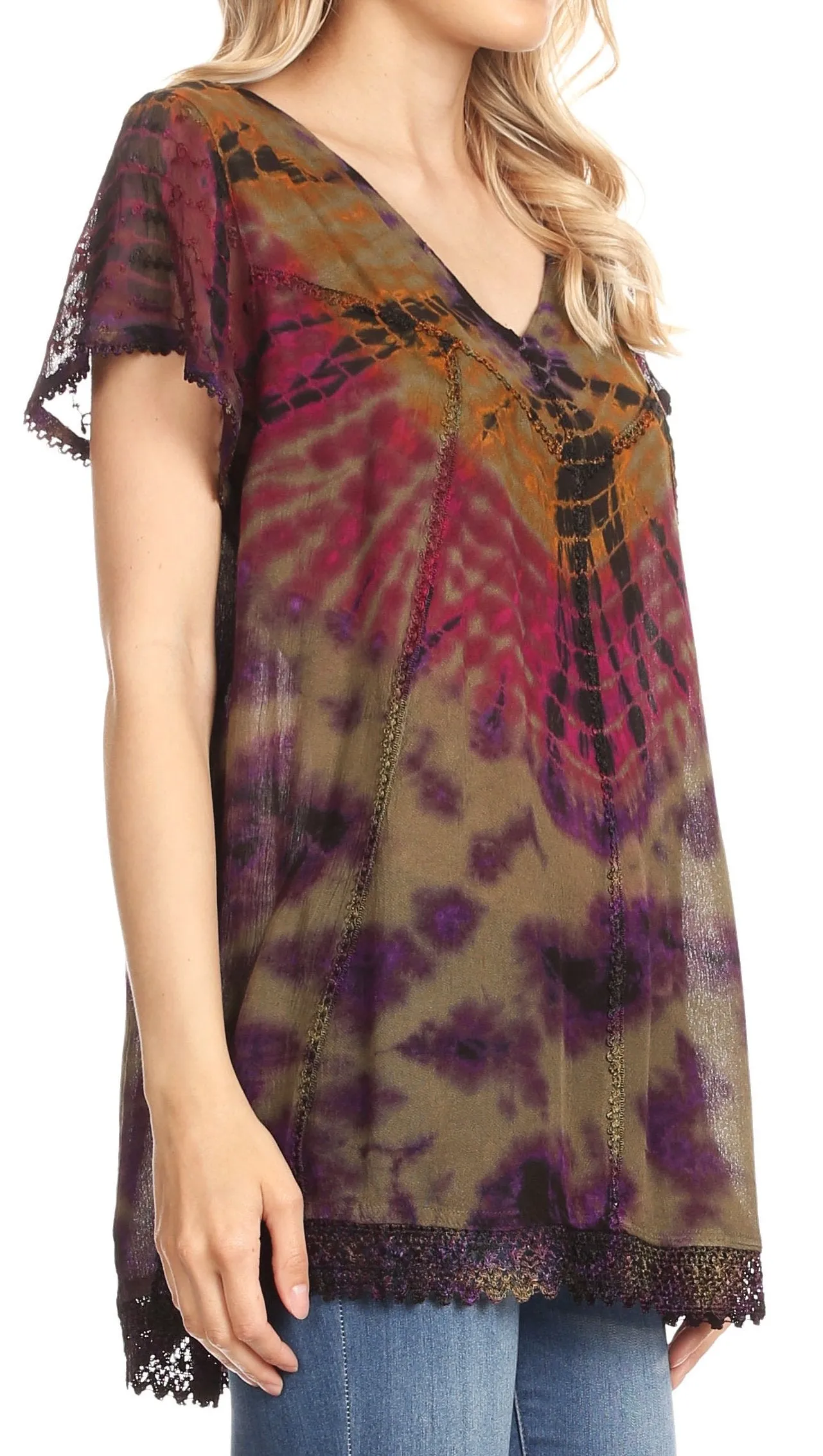 Sakkas Josea Relaxed Fit Tie Dye Embroidered Crepe Cap Sleeve Blouse | Cover Up