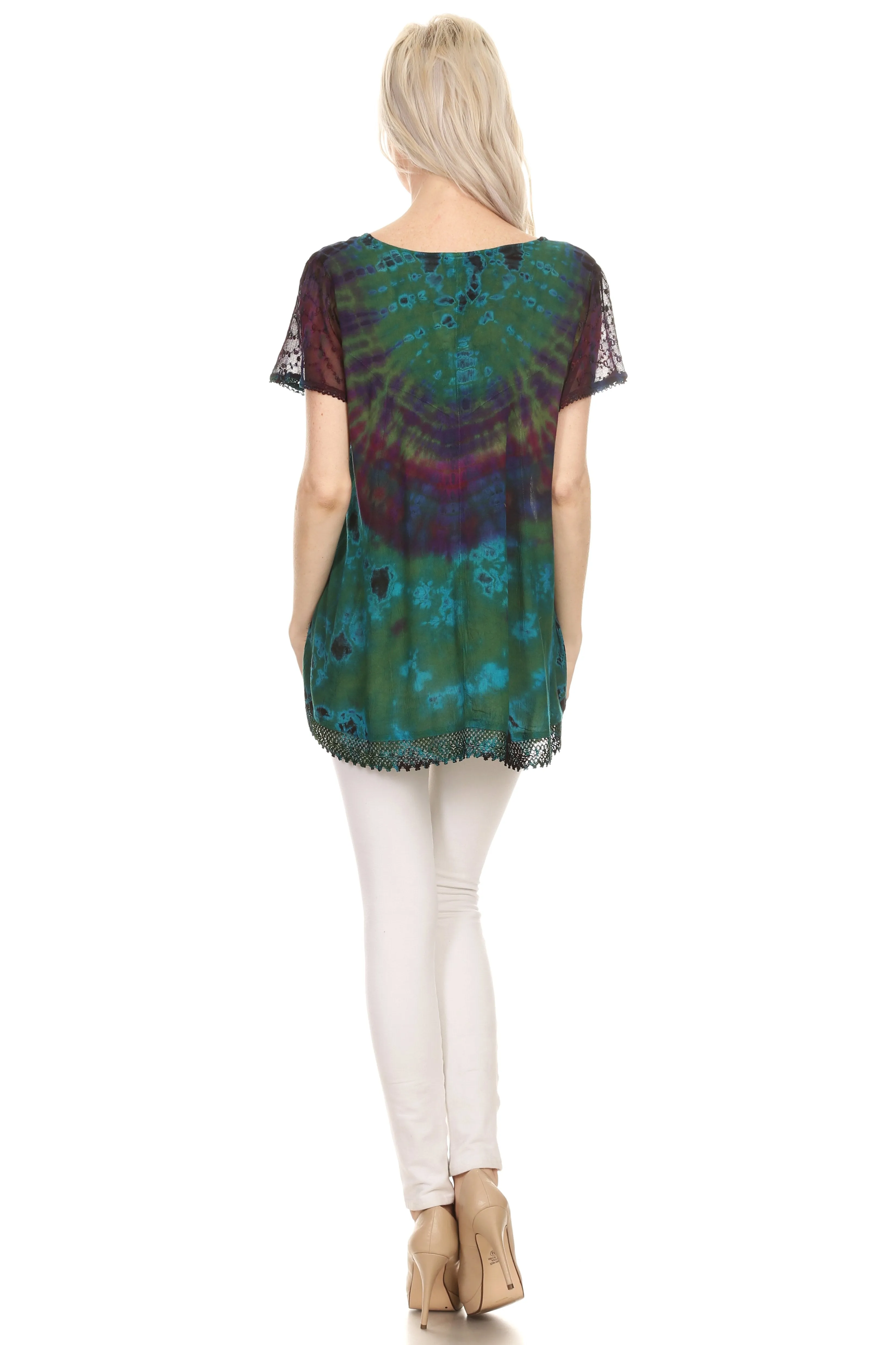 Sakkas Josea Relaxed Fit Tie Dye Embroidered Crepe Cap Sleeve Blouse | Cover Up