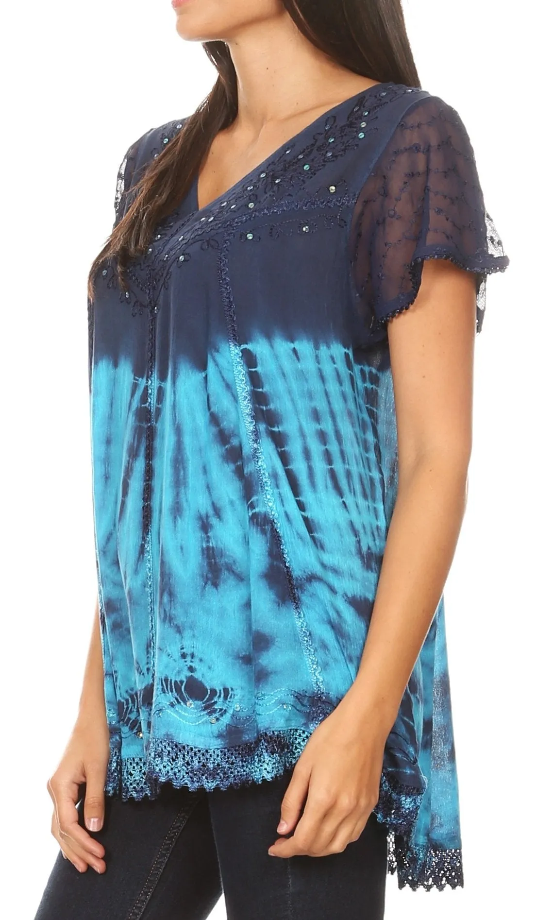 Sakkas Josea Relaxed Fit Tie Dye Embroidered Crepe Cap Sleeve Blouse | Cover Up