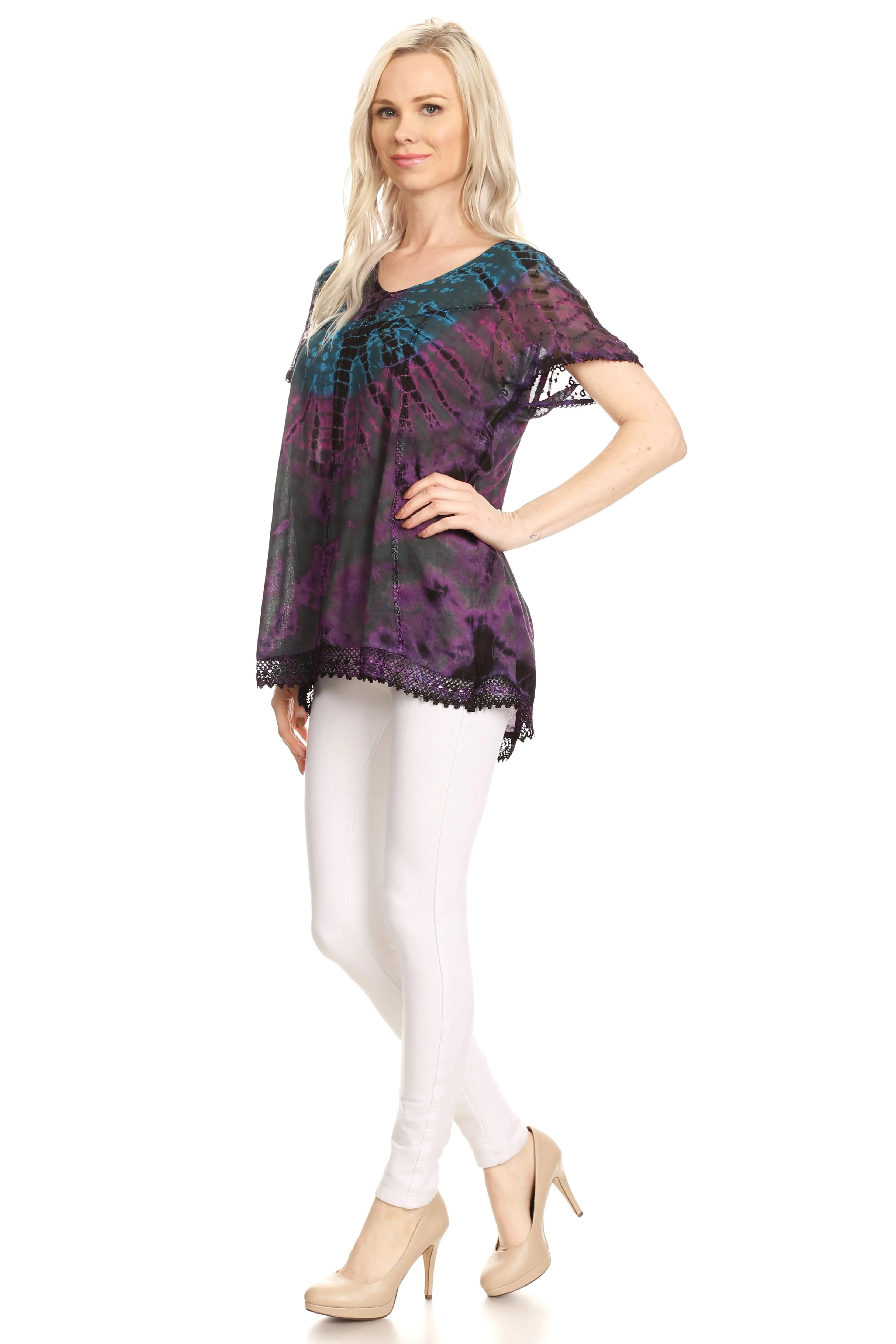 Sakkas Josea Relaxed Fit Tie Dye Embroidered Crepe Cap Sleeve Blouse | Cover Up