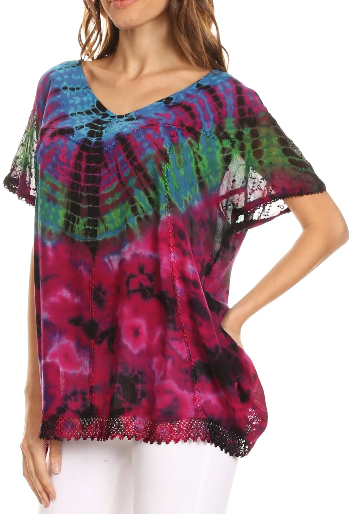 Sakkas Josea Relaxed Fit Tie Dye Embroidered Crepe Cap Sleeve Blouse | Cover Up