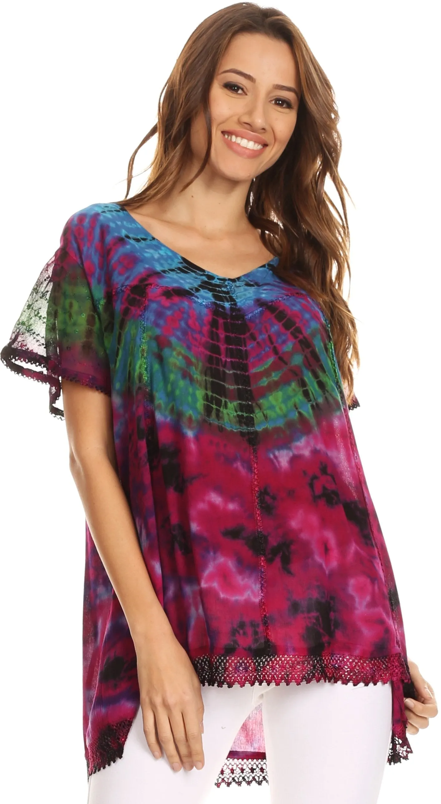 Sakkas Josea Relaxed Fit Tie Dye Embroidered Crepe Cap Sleeve Blouse | Cover Up